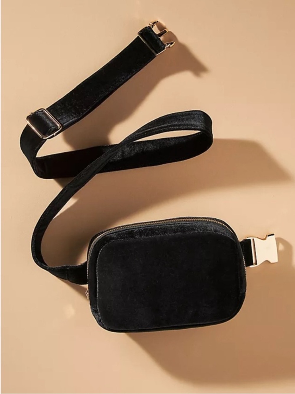 Anthropologie Black Velvet Belt Bag with Gold Hardware